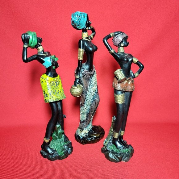 Vintage African Tribal Lady Woman Resin Figure Sculpture Decor Set of 3 - Picture 2 of 12